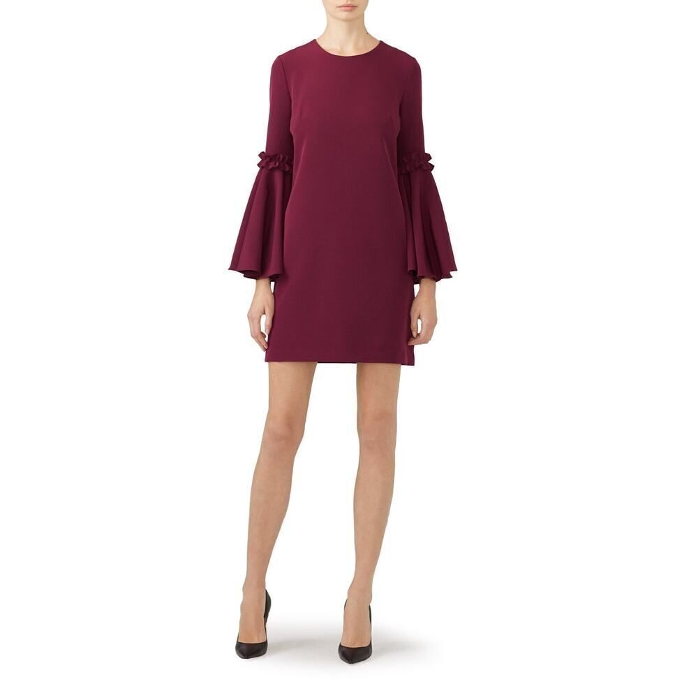 Milly Cady Shift Dress Women's 10 Wine Long Bell Sleeves Short Length Crepe RTR